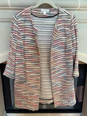 Emerson Rose Multicolor Striped Tweed Open Front Fringe-Hem Jacket — Size S
